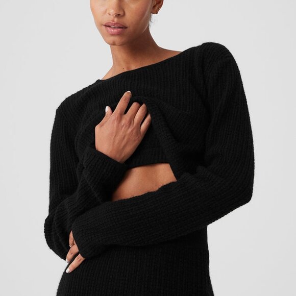 Alo Yoga Cashmere Plush Waffle Cropped Long Sleeve  Black - Picture 3 of 4